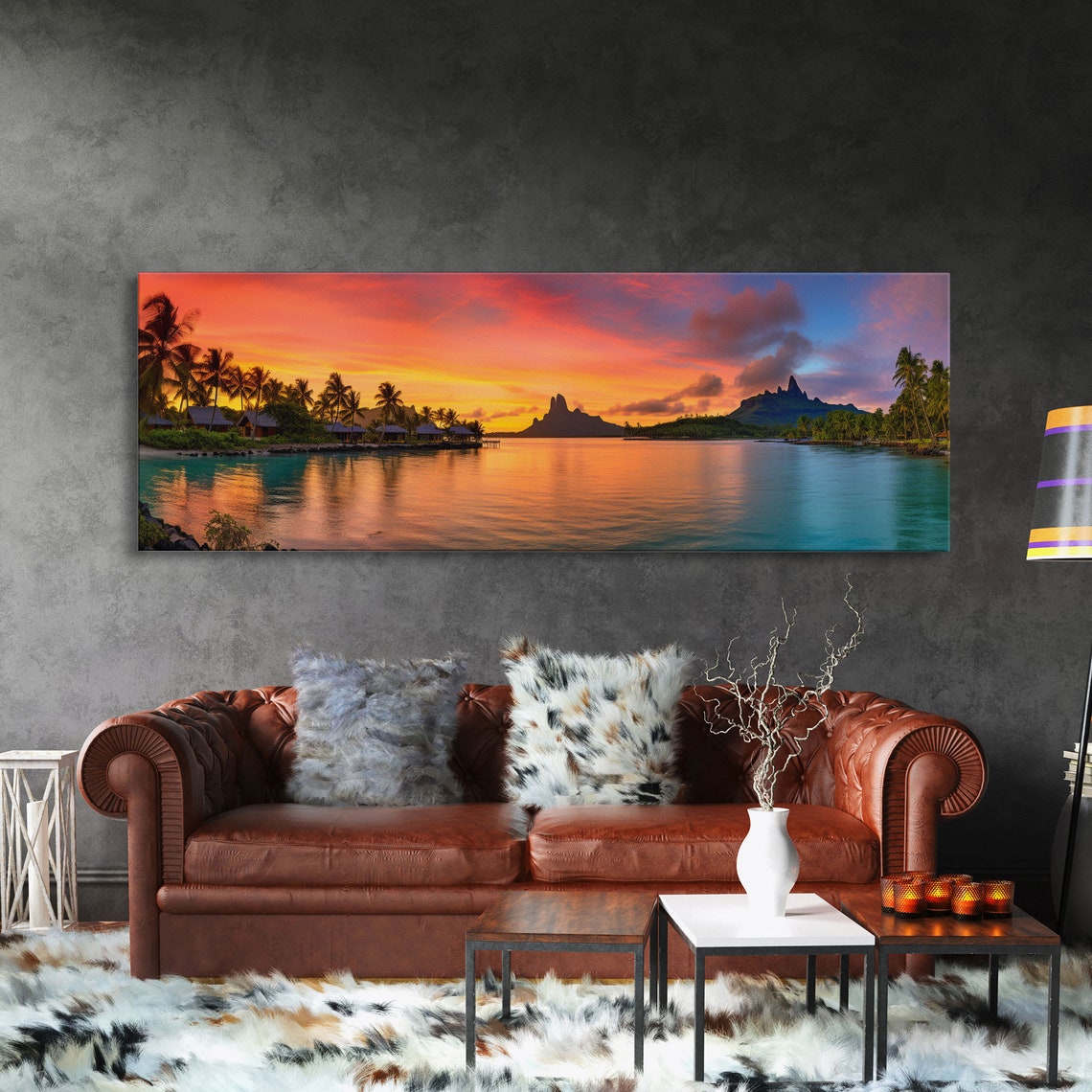 Bora Bora Sunset Overwater Bungalows Lagoon Panoramic Beach Poster - Image 3