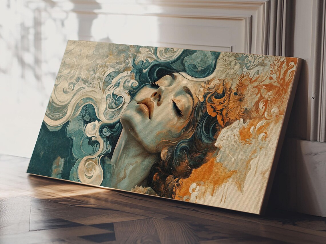 Art Nouveau Woman Flowing Hair Teal Orange Swirls Feminine Wall Poster - Image 2