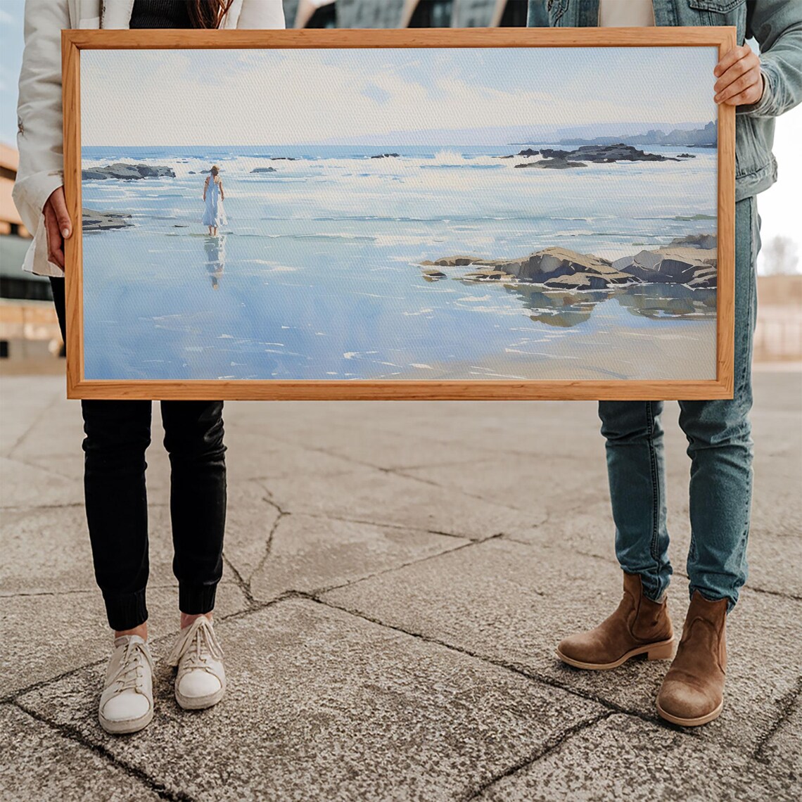 Woman Wading Shallow Ocean Beach Water Rocks Coastal Watercolor Poster - Image 5