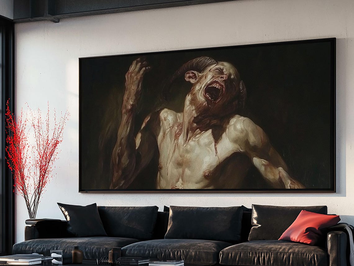 Gothic Horror Satyr Painting Screaming Demon Baroque Dark Oil Wall Art - Image 5