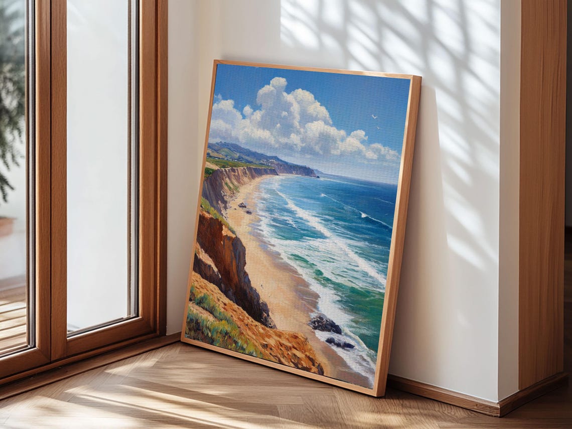 Coastal Cliffs Golden Beach Blue Ocean Waves Scenic Coast Art Poster - Image 2