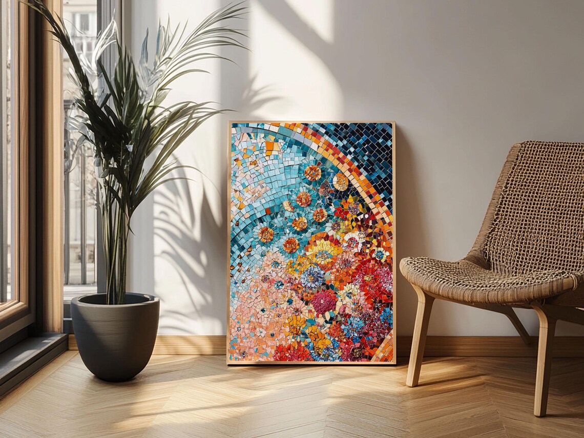 Colorful Floral Mosaic Tile Art Print Moroccan Botanical Wall Poster - Image 2