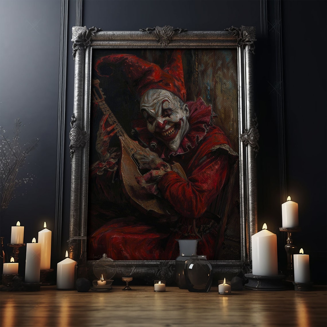 Sinister Jester Playing Mandolin With Bloody Hands Halloween Art Print - Image 5