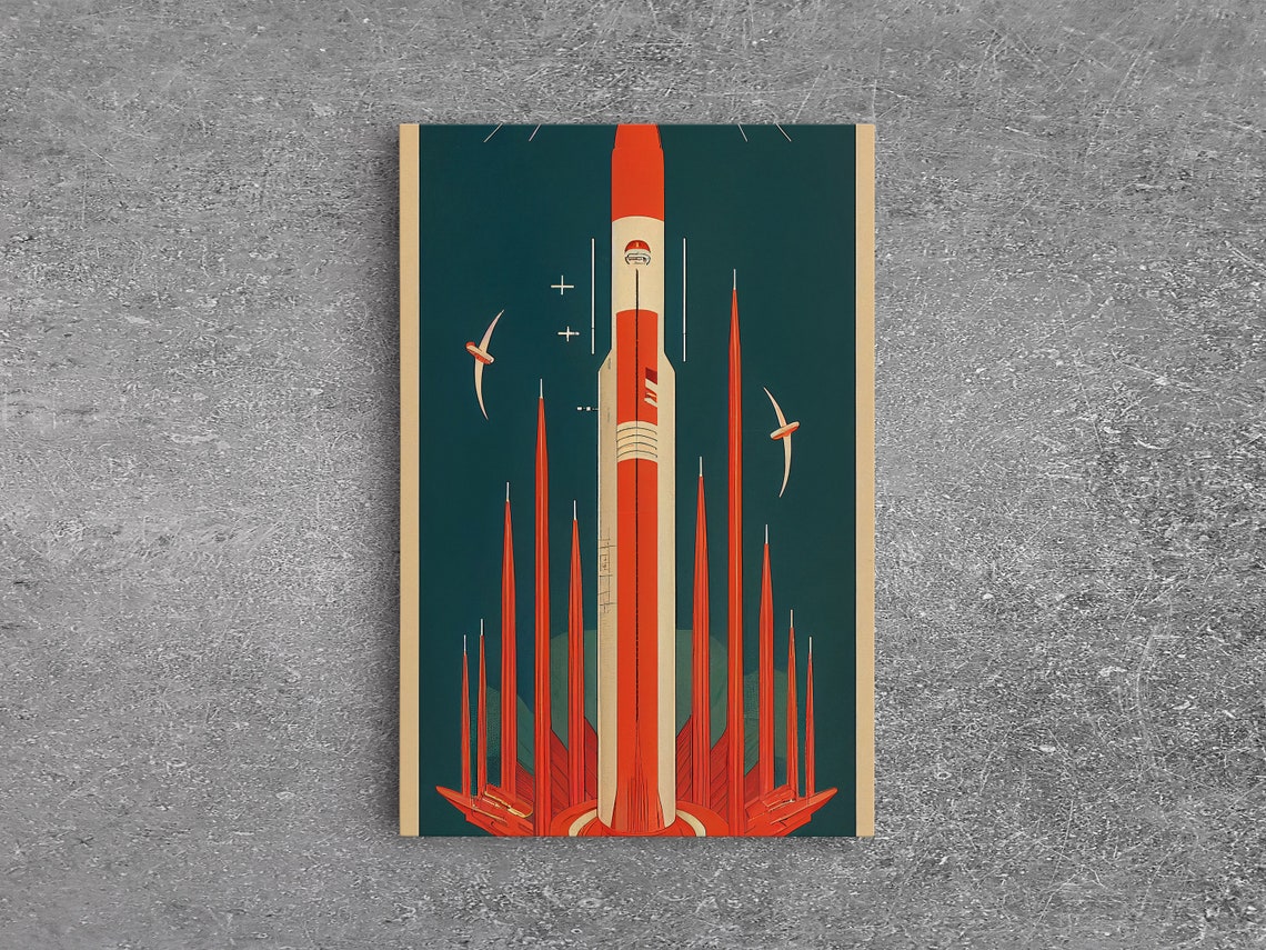 Art Deco Retro Rocket Launching To Space Vintage Style Wall Art Print