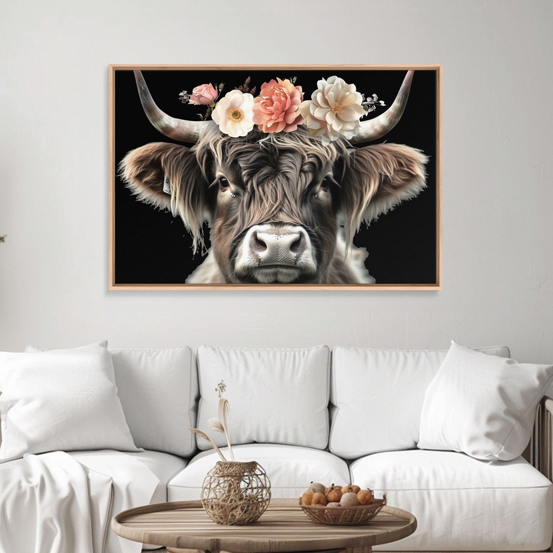 Highland Cow Flower Crown Portrait Charming Farm Animal Art Print - Image 4