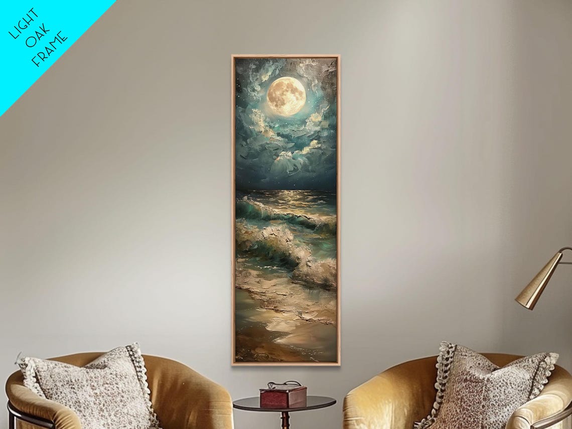 Full Moon Over Ocean Waves Night Sea Moonlight Coastal Travel Poster