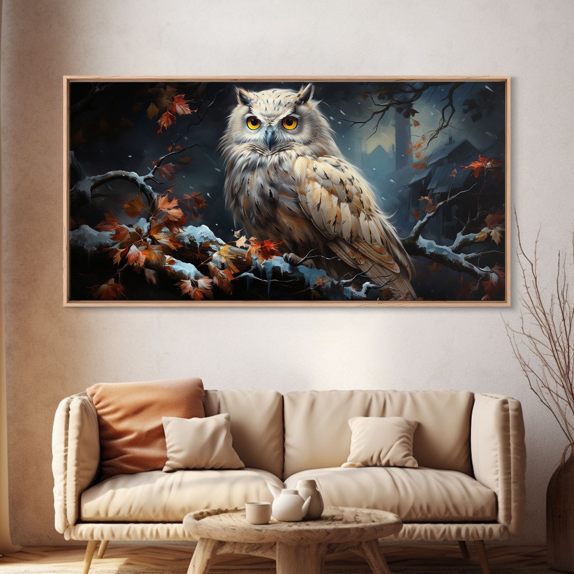 Snowy Owl On Winter Branch Autumn Leaves Night Forest Poster - Image 4
