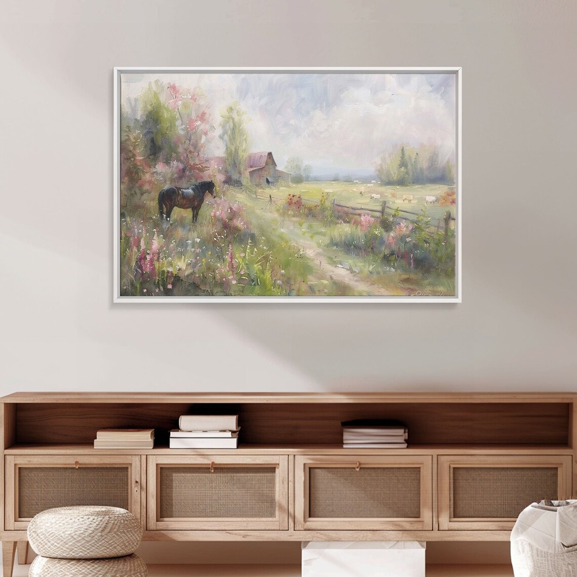 Horse in Wildflower Meadow Watercolor Barn Pasture Countryside Poster - Image 3