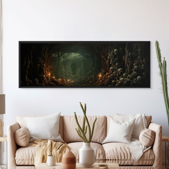 Skull Crypt Cave Dark Gothic Skulls Candlelit Spooky Halloween Wall Art