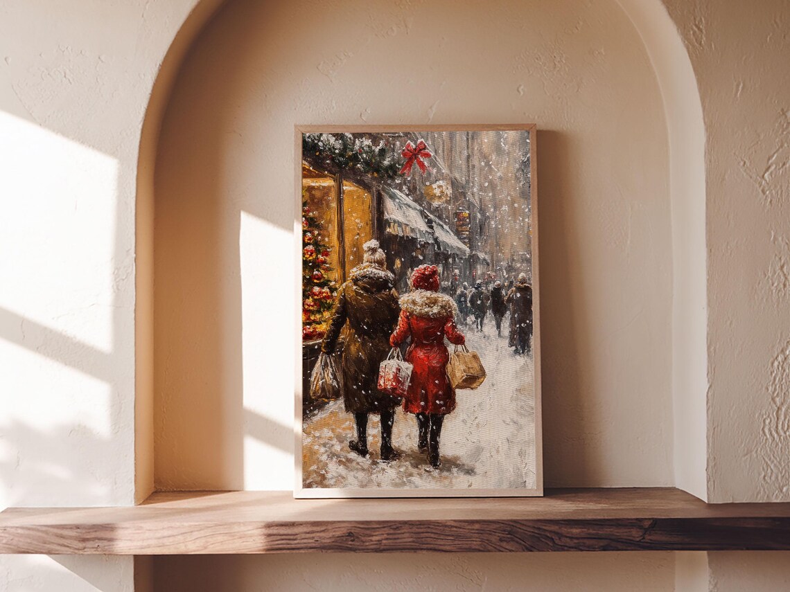 Snowy Christmas Shopping Street Vintage Holiday Scene Wall Art - Image 6