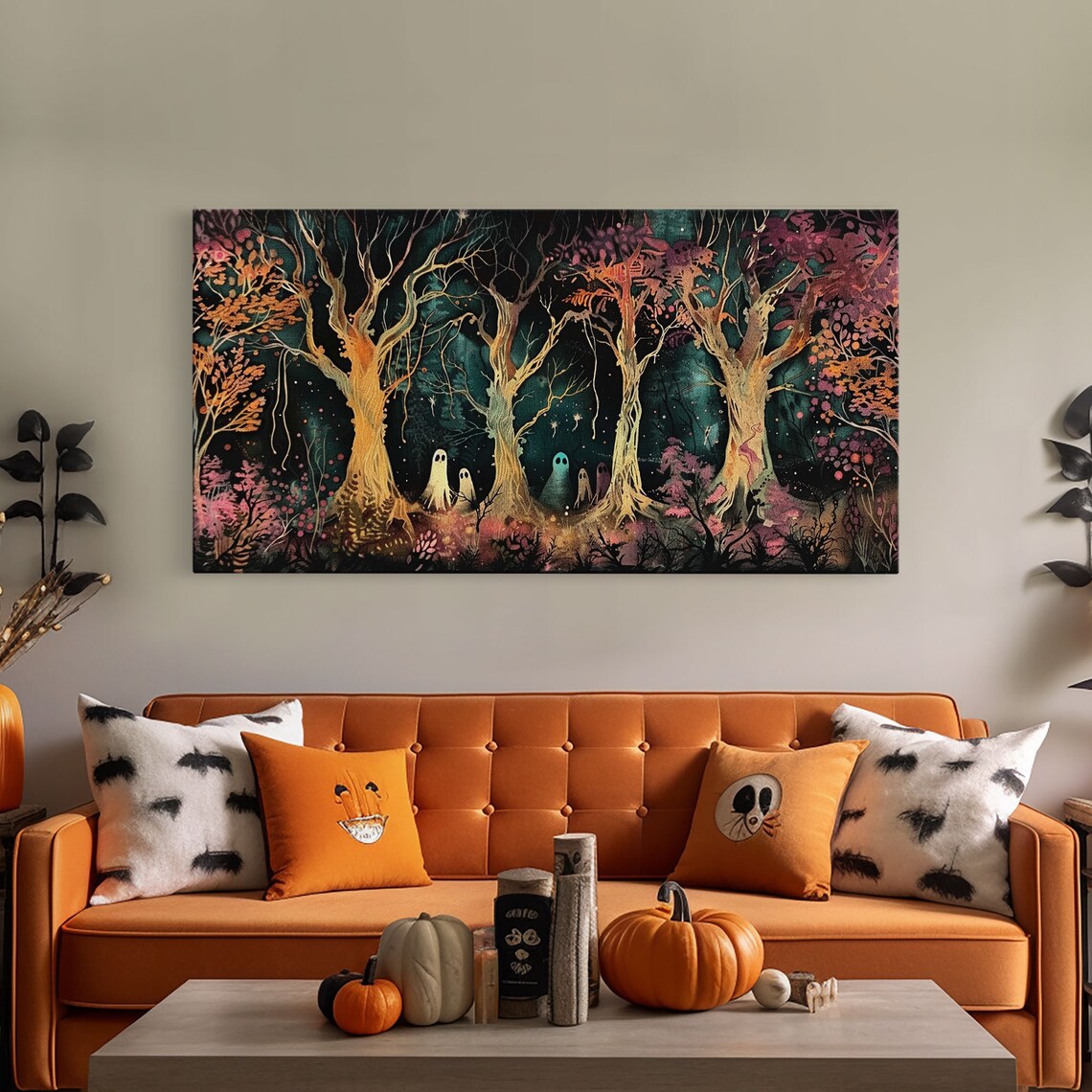 Spooky Ghosts Autumn Trees Glowing Night Forest Pink Foliage Halloween Print - Image 5