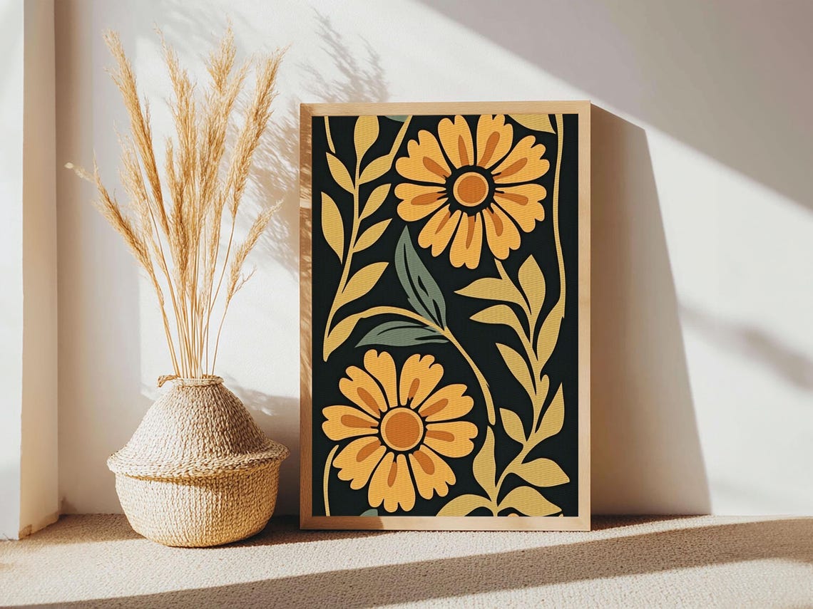 Vintage Yellow Daisy Flowers Dark Green Retro Botanical Art Poster - Image 6