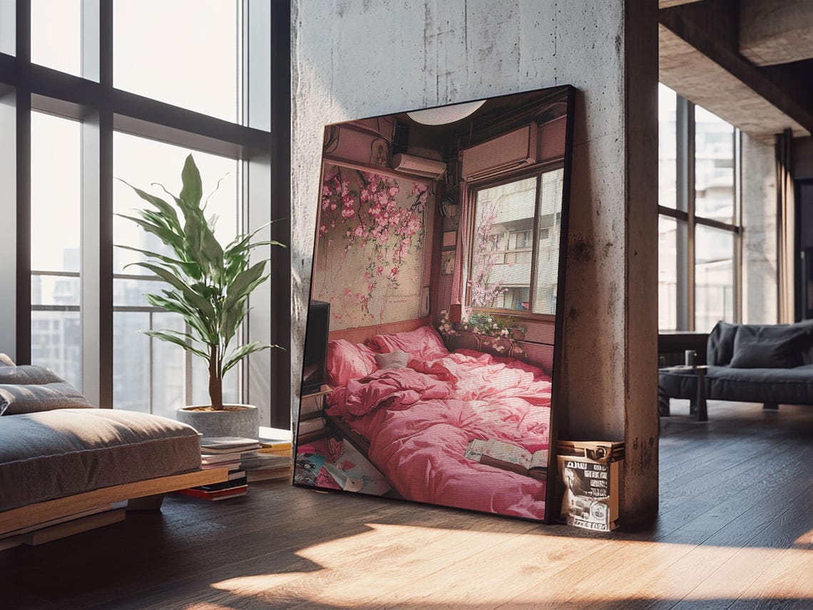 Cozy Pink Bedroom Cherry Blossom Dreamy Interior Room Art Wall Poster - Image 5