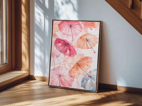 Playful Watercolor Umbrellas In Pink And Orange Framed Print Pink Orange Wall Art Whimsical Decor Perfect Bedroom Or Dorm