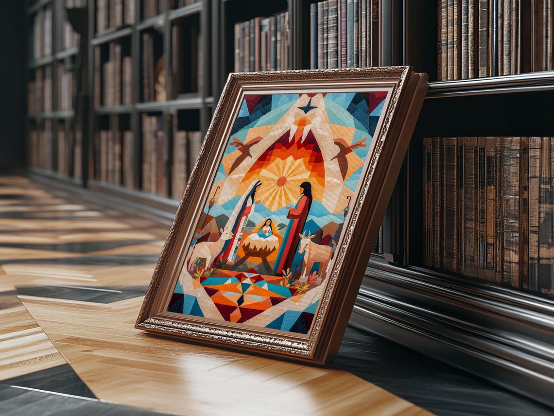 Art Deco Geometric Nativity Scene Colorful Christmas Art Print