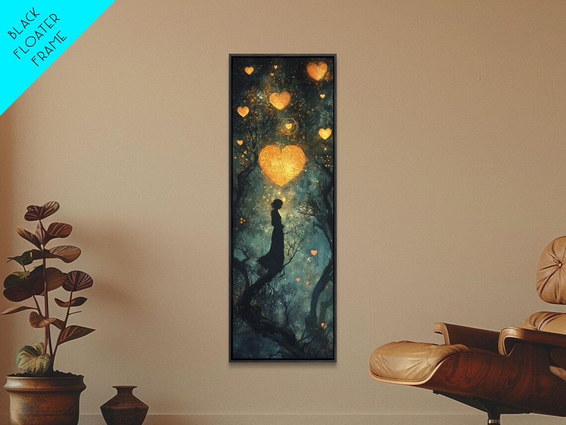 Mystical Golden Hearts Starry Night Forest Figure Romantic Whimsical Vertical Poster - Image 2