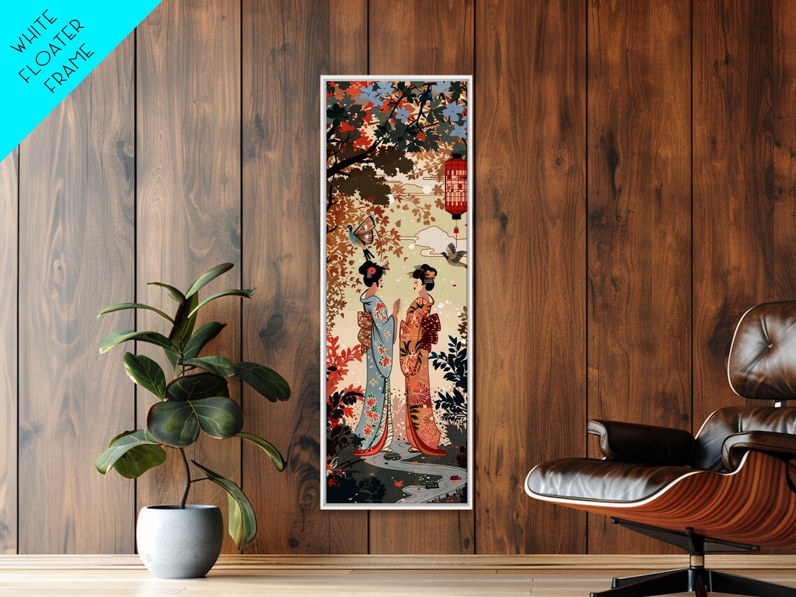 Japanese Geisha Kimono Women Autumn Maple Tree Lanterns Art Poster - Image 3