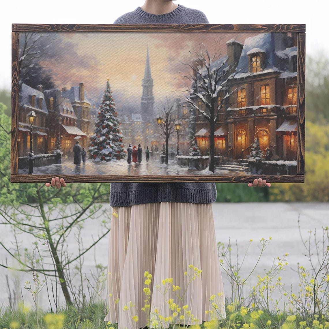 Old Town Christmas Street With Tall Tree And Church Spire Night Poster - Image 2