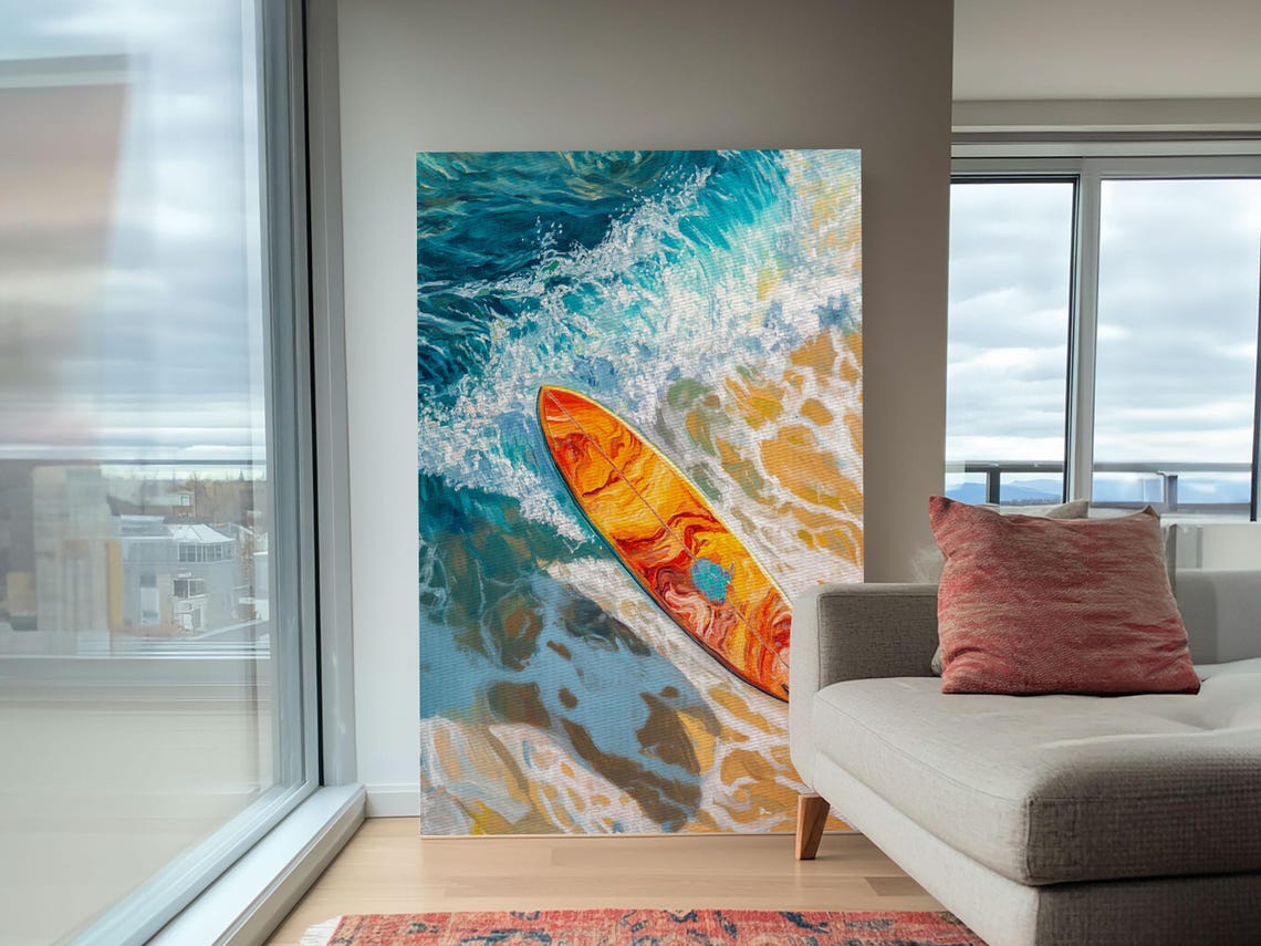Orange Surfboard Floating Turquoise Ocean Aerial Beach Surf Art Poster - Image 6