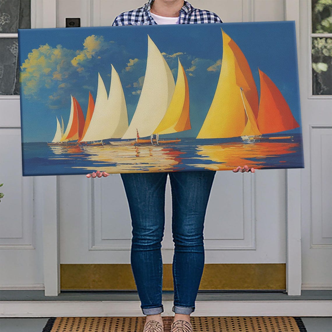 Art Deco Sailboats Orange Sails Racing On Deep Blue Sea Regatta Poster - Image 4