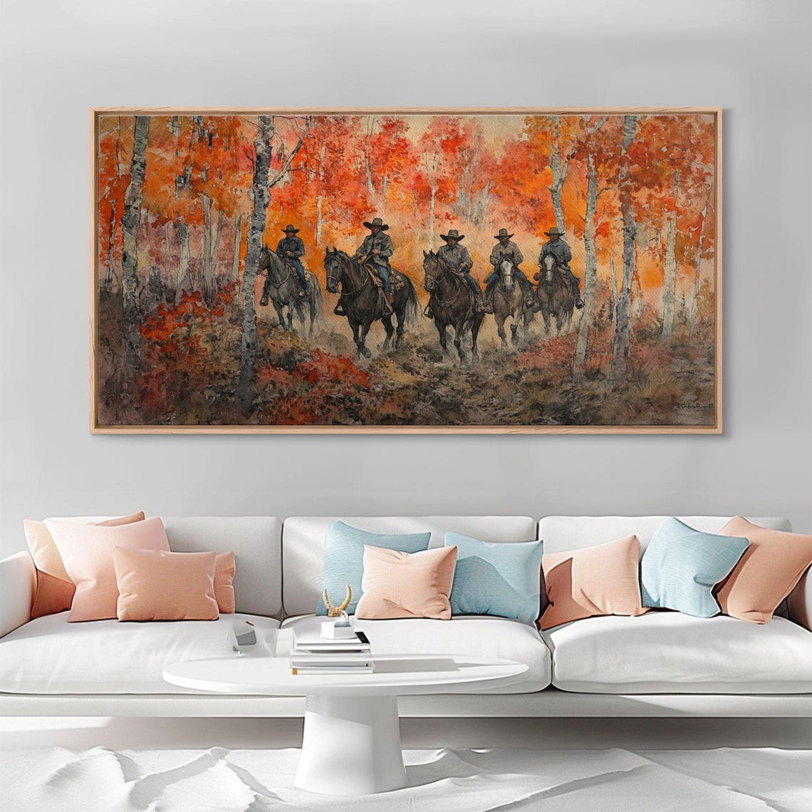 Cowboys Riding Through Fiery Autumn Birch Forest Western Art Print - Image 4