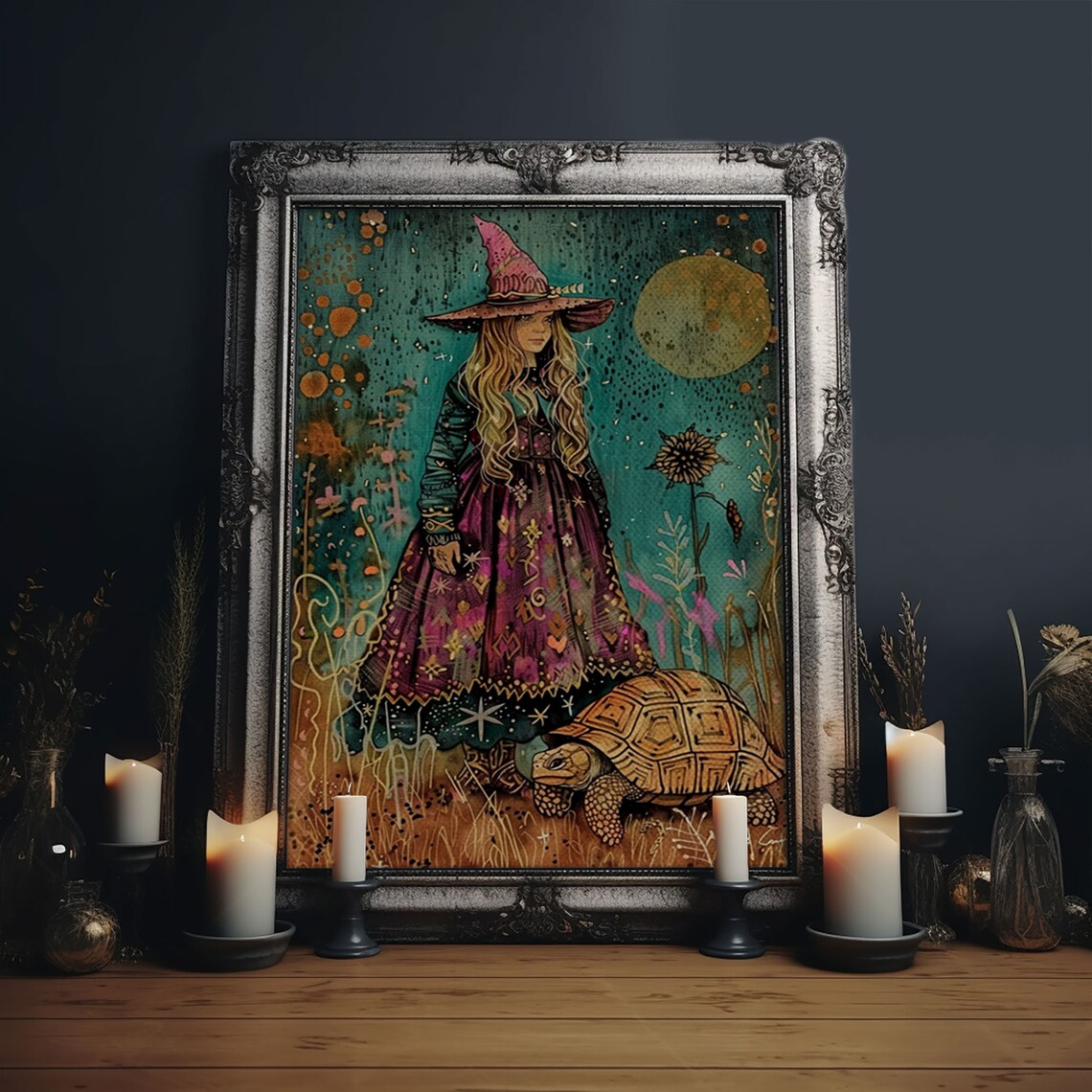 Little Witch Pink Hat Tortoise Moonlit Garden Watercolor Art Poster