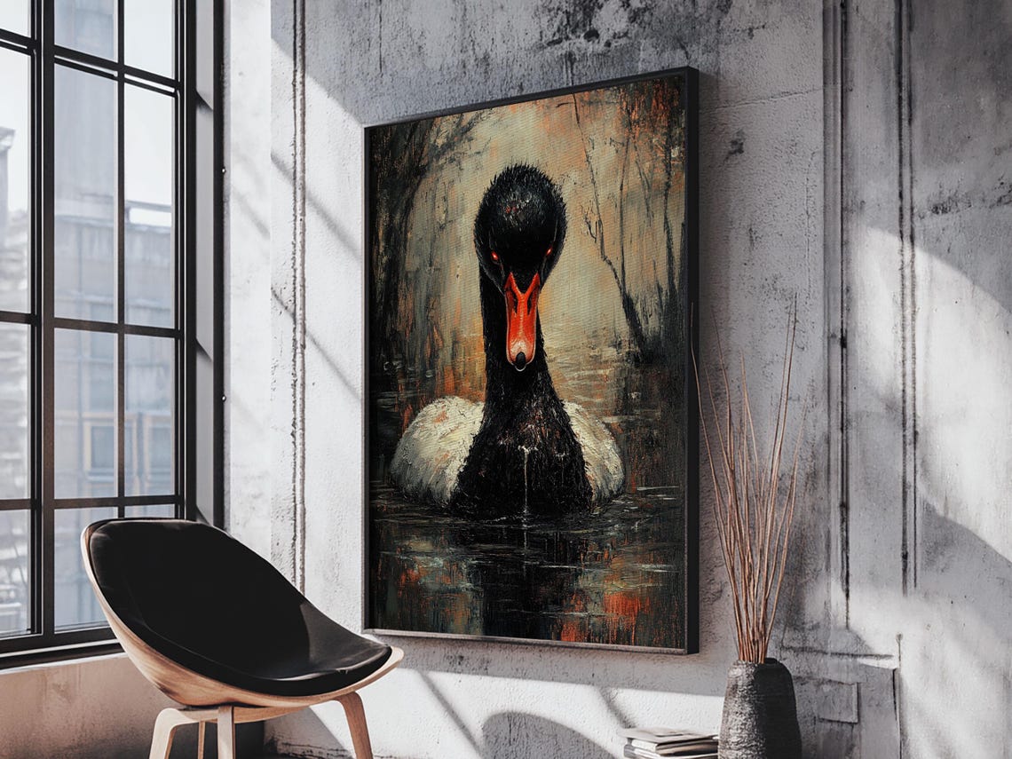 Dark Gothic Black Swan On Still Water Moody Oil Painting Poster - Image 2
