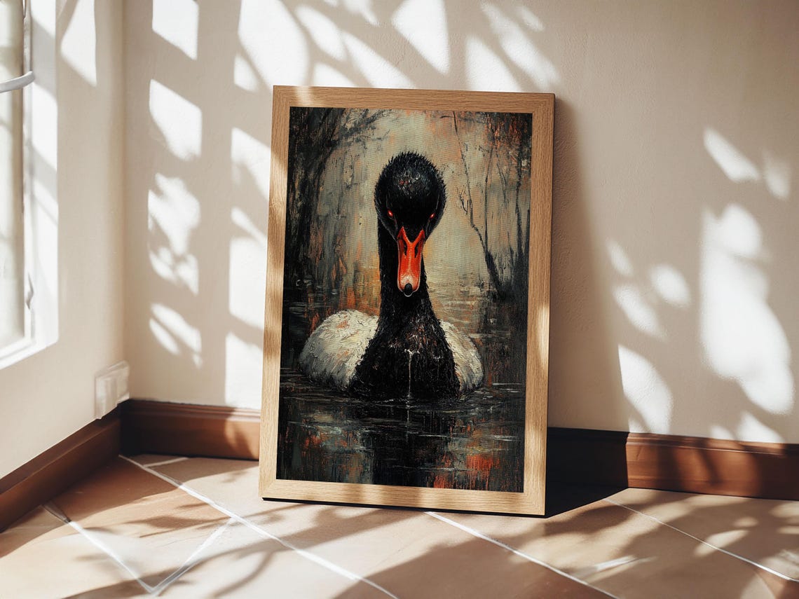 Dark Gothic Black Swan On Still Water Moody Oil Painting Poster - Image 5