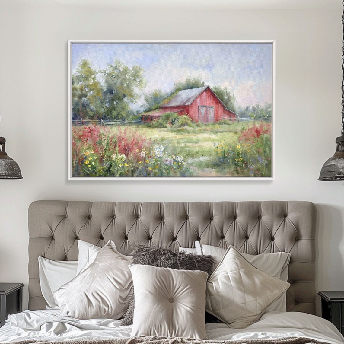 Red Barn Wildflower Meadow Watercolor Rustic Farmhouse Summer Poster - Image 3