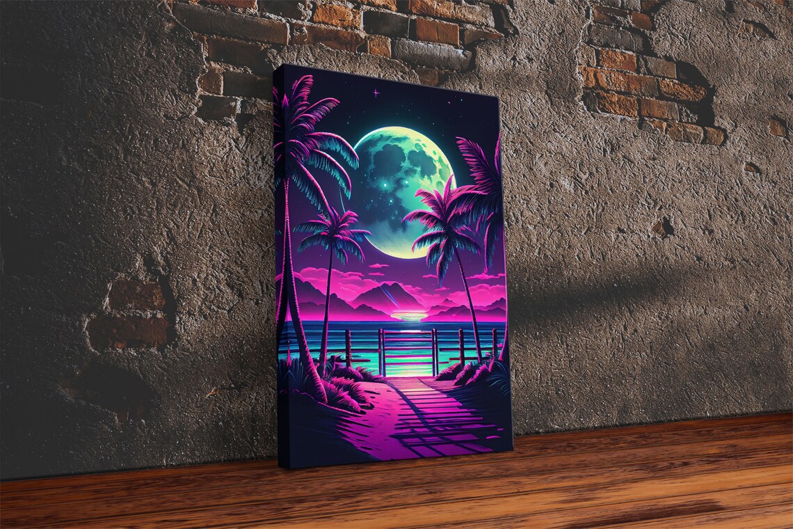 Full Moon Over A Florida Beach, Palm Trees Outrun Style - Image 2