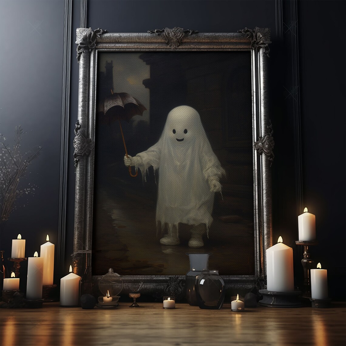 Cute Ghost Umbrella Rain Vintage Painting Funny Halloween Art Poster - Image 4