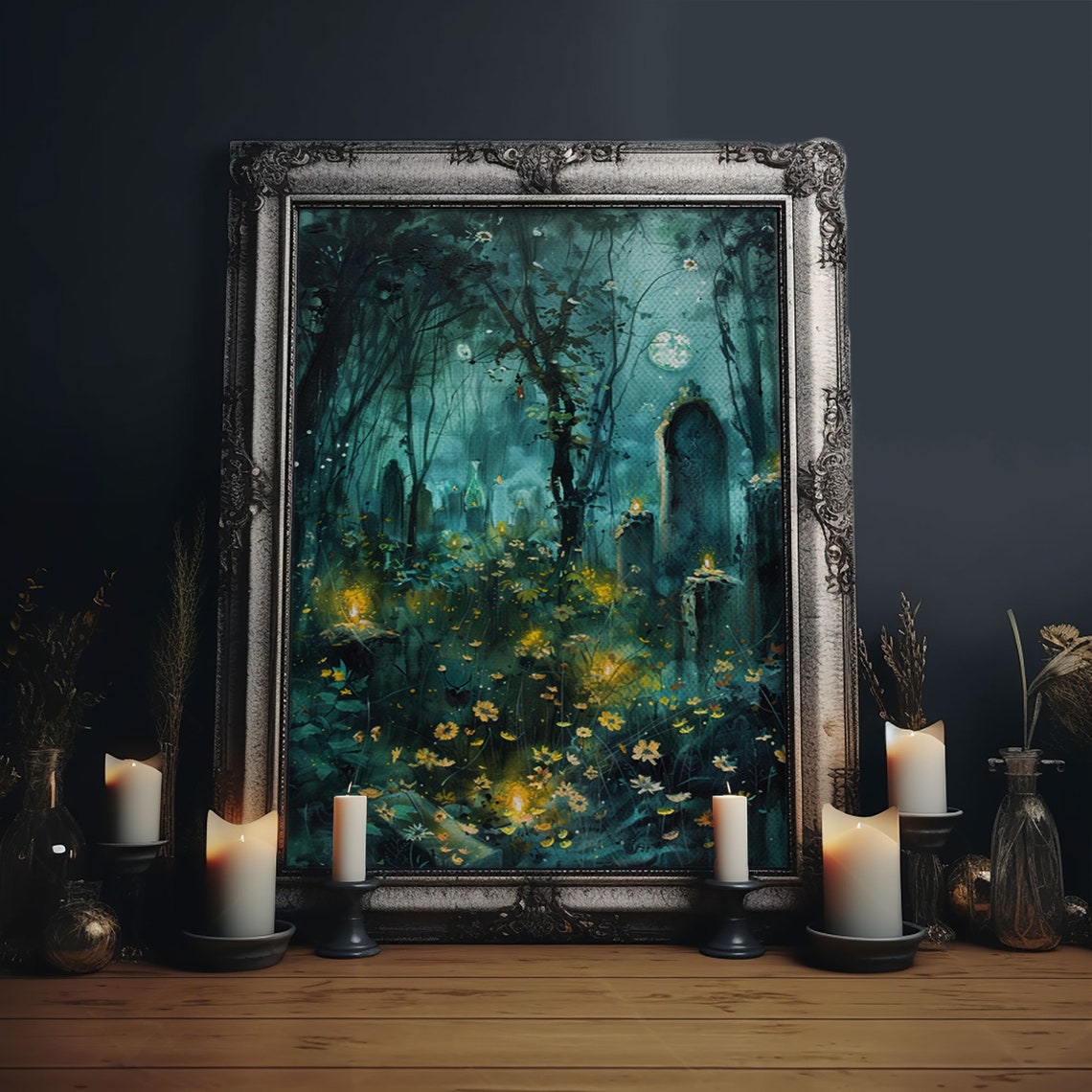Haunted Forest Cemetery Moonlit Wildflowers Spooky Art Poster