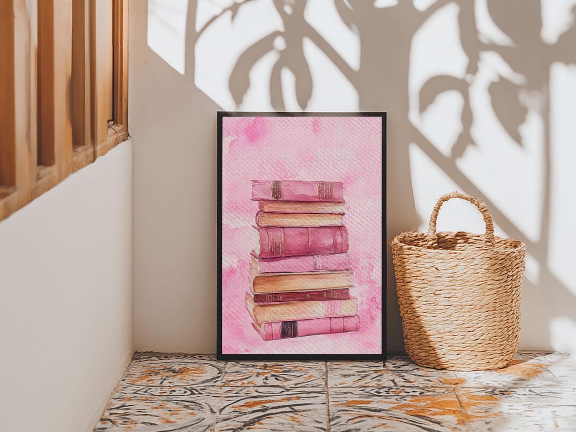 Pink Book Stack Watercolor Cozy Reading Library Room Decor Art Print