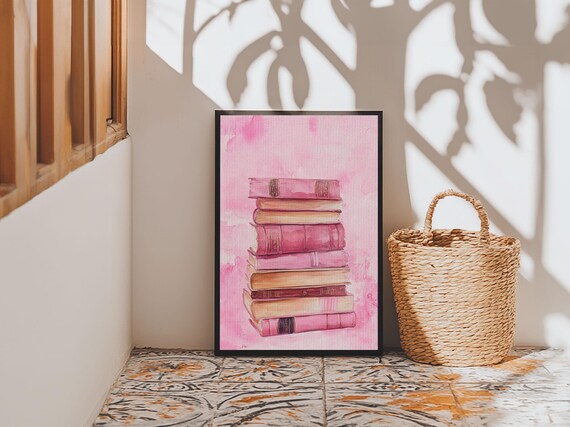 Pink Book Stack Watercolor Cozy Reading Library Room Decor Art Print