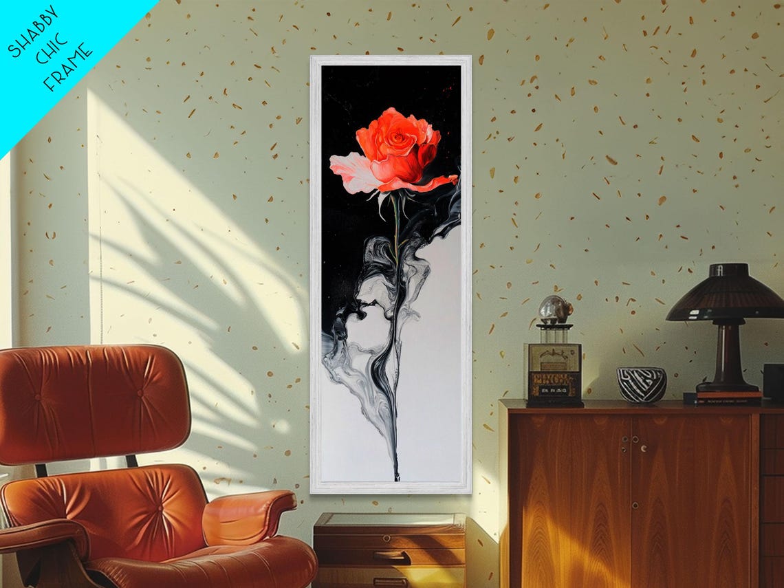 Dramatic Coral Rose Black White Smoke Swirl Modern Floral Poster - Image 3