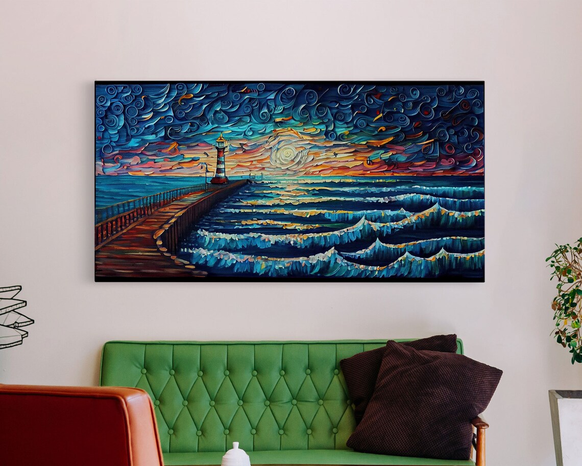 Starry Night Lighthouse Sunset Pier Ocean Waves Swirling Sky Art Poster - Image 3