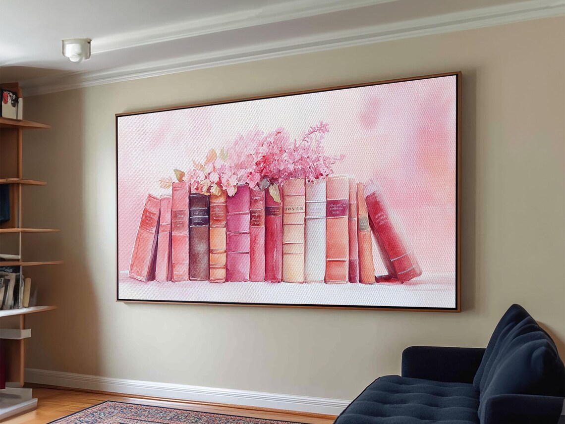 Pink Book Stack With Blossoms Wide Horizontal Library Watercolor Art Poster - Image 6
