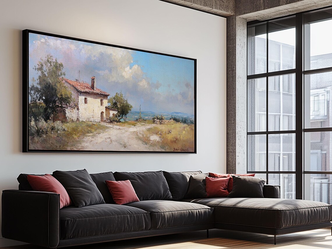 Italian Stone Cottage Red Tile Roof Sunny Field Countryside Oil Painting - Image 2