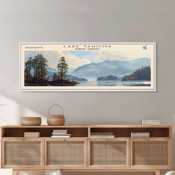 Lake Tahoma North Carolina Framed Print Lake House Decor Panoramic Wall Art Travel Poster Serene Landscape Painting Rustic Art