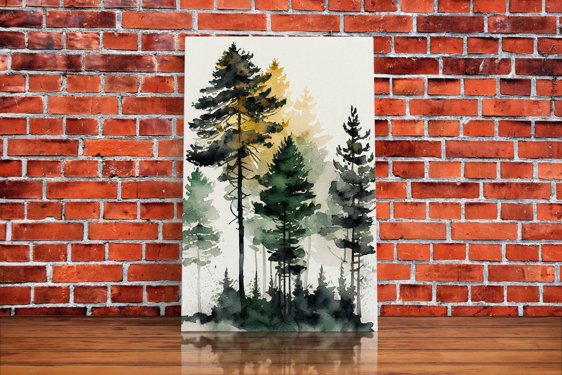 Tall Pine Trees Watercolor Forest Green Nature Minimalist Wall Art - Image 2