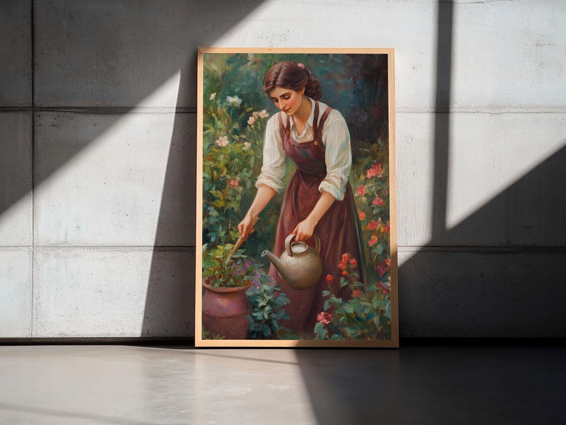 Woman Watering Flowers In Lush Garden Vintage Oil Painting Wall Art - Image 5