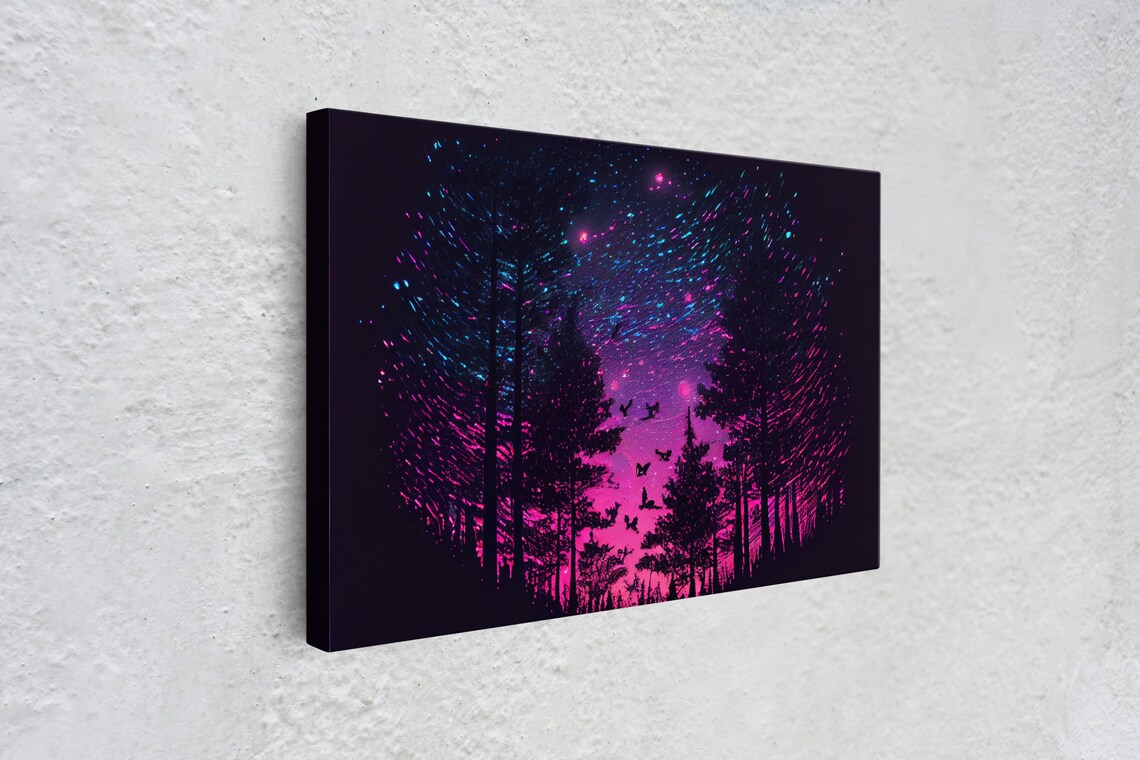 Synthwave Starry Night Time Lapse Pine Tree Forest Art Print - Image 4