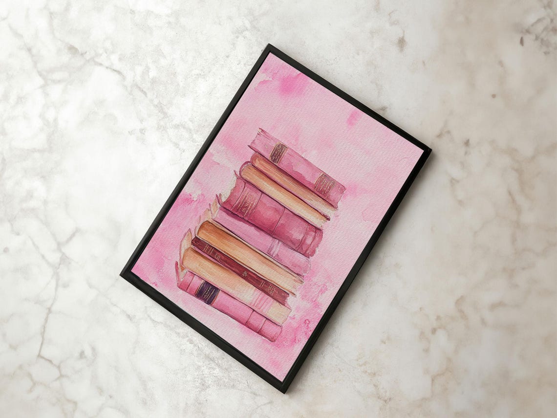 Pink Book Stack Watercolor Cozy Reading Library Room Decor Art Print - Image 5