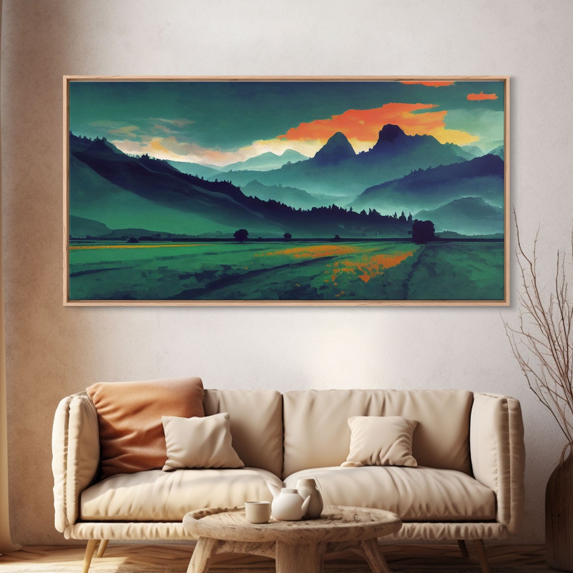 Emerald Valley Mountains Under Fiery Orange Sunset Sky Painterly Print - Image 4
