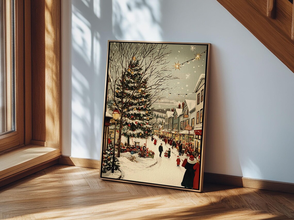 European Christmas Street With Giant Tree Vintage Holiday Art Print - Image 4