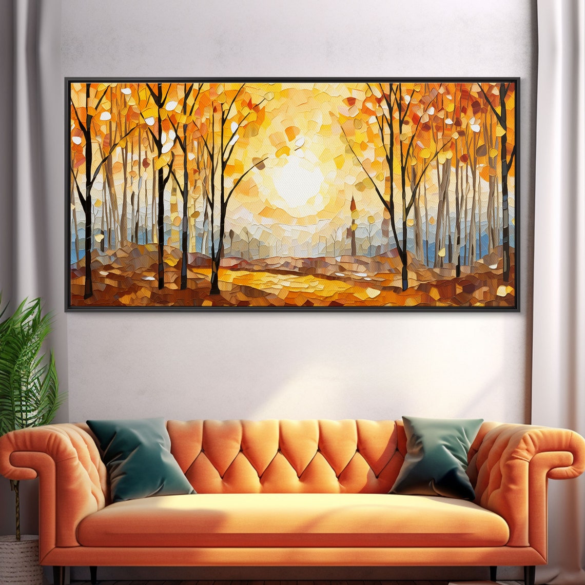 Golden Autumn Forest Sun Glow Mosaic Painting Panoramic Poster