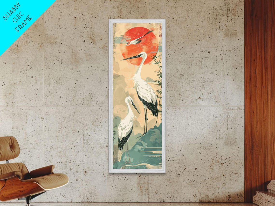 Tall Japanese Cranes Red Sun Ukiyo-E Nature Vertical Art Print