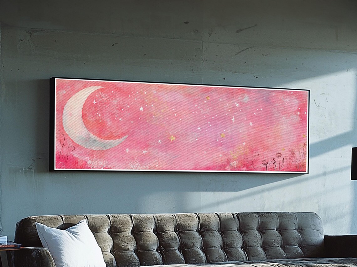 Pink Crescent Moon Starry Night Sky Watercolor Panoramic Dreamy Art Poster - Image 2