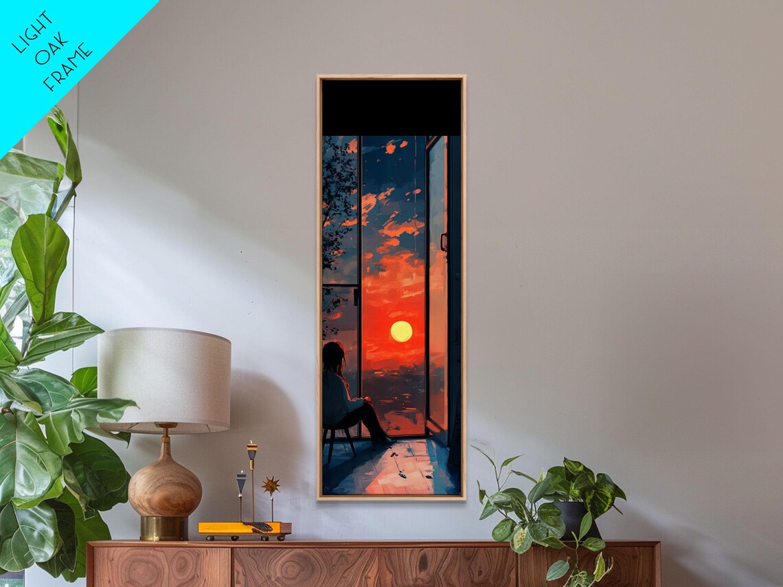 Anime Girl Watching Sunset Tall Window Orange Sky Watercolor Art Poster - Image 3