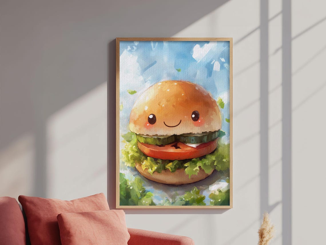 Kawaii Smiling Hamburger Cute Watercolor Kitchen Wall Art Print